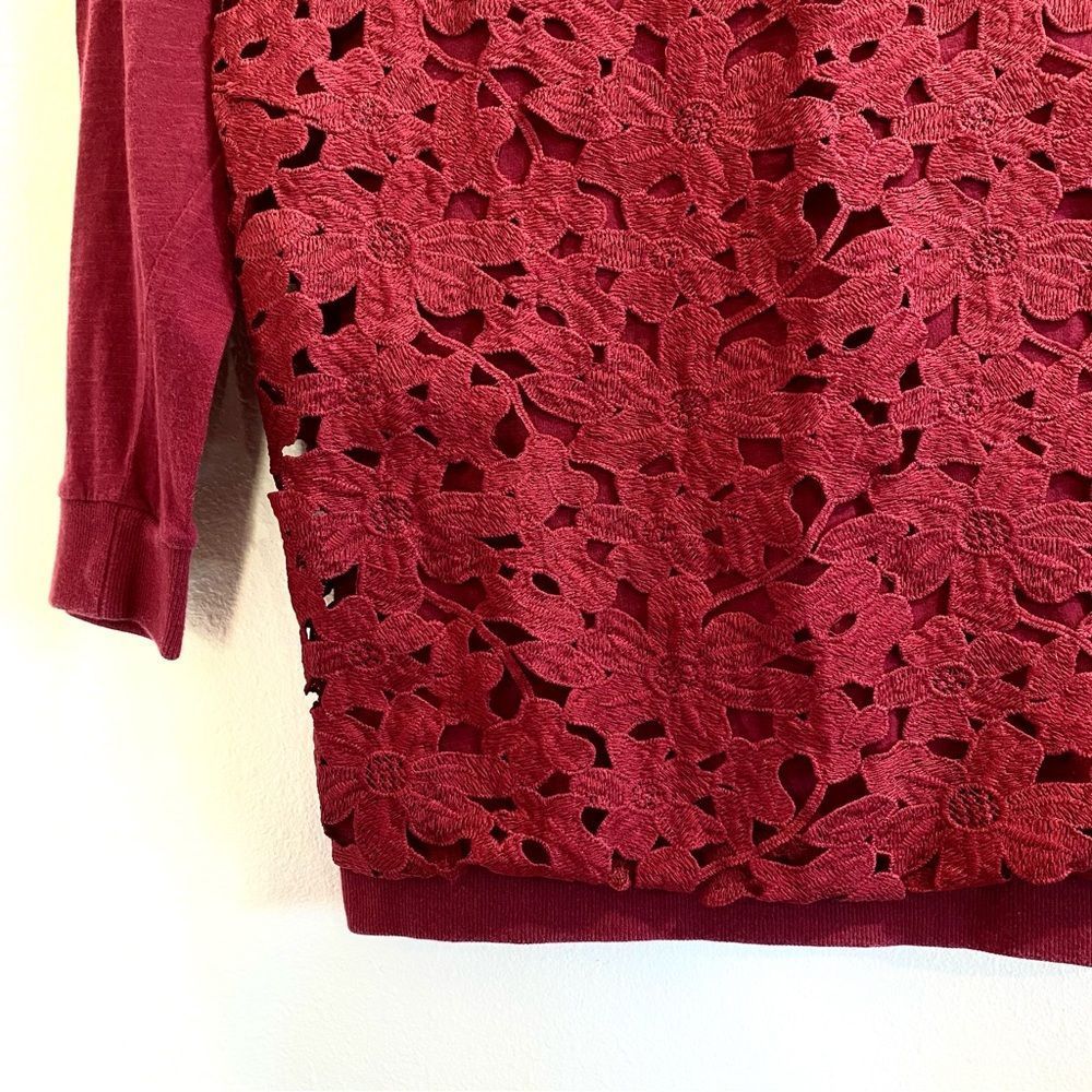 Wallpapher Cranberry Top Crochet Lace Detail Popover 3/4 Sleeve Burgundy - Picture 3 of 5